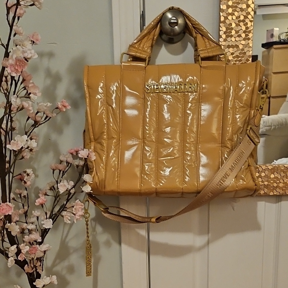 Steve Madden Tan Quilted Patent Tote Bag
